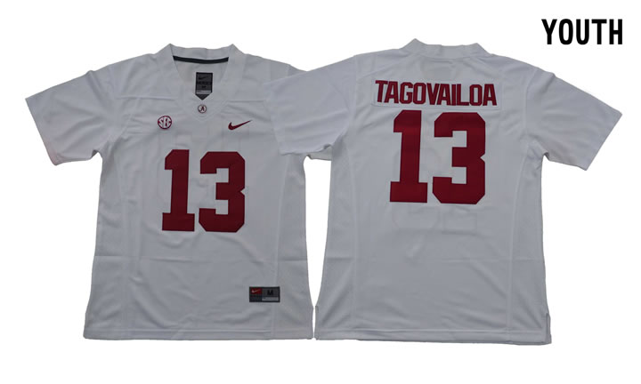 Youth Alabama Crimson Tide #13 Tua Tagovailoa White With Diamond Logo College Football Jersey